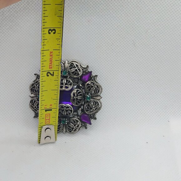 Victorian Revival Purple Green Glass Rhinestone Silver Tone Filigree Brooch - Picture 3 of 4